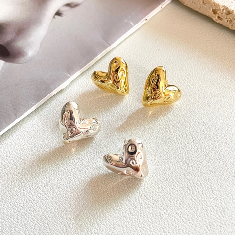 Heart Stud Earrings Copper Liquid Metal Texture Puffy Love Engraved Polished Vintage Style For Women Elegant Jewelry