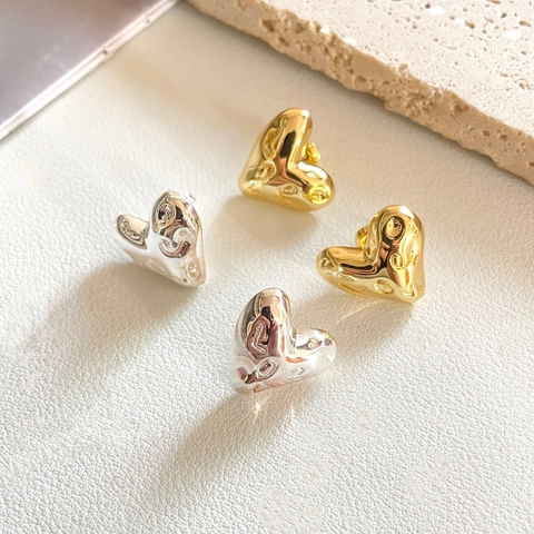 Heart Stud Earrings Copper Liquid Metal Texture Puffy Love Engraved Polished Vintage Style For Women Elegant Jewelry