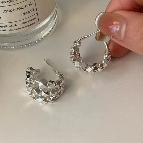 Pendientes De Aro Geométricos Facetados Cobre Plateado Forma C Texturizado Joyería Vintage Minimalista Para Mujeres
