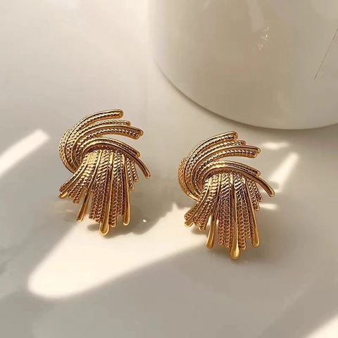 Pendientes De Botón De Abanico Tejido Vintage Cobre Chapado En Oro De 18K Joyería De Metal Geométrica En Espiral Para Mujer