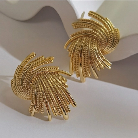 Pendientes De Botón De Abanico Tejido Vintage Cobre Chapado En Oro De 18K Joyería De Metal Geométrica En Espiral Para Mujer