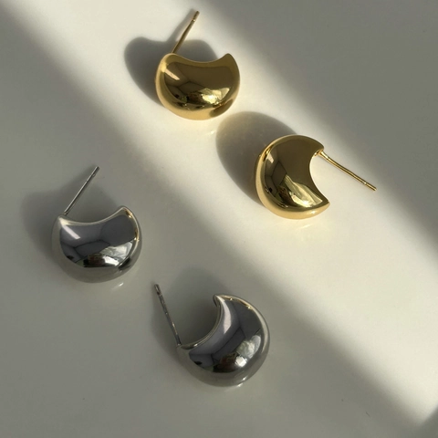 Minimalist Chunky Dome Stud Earrings For Women Mirror Polished Moon Shaped Brass With Silver Earring Post