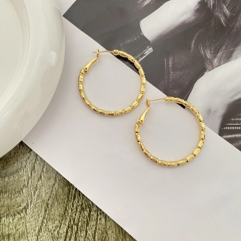 Pendientes De Aro Con Textura De Bambú Vintage Geométricos De Cobre Chapados En Oro Real Joyería Minimalista