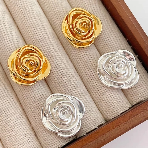 Camellia Flower Stud Earrings 18K Gold Plated Copper Rose Floral Layered Petal Elegant Jewelry Accessories For Women