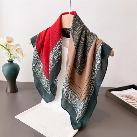 Vintage Paisley Print Square Scarf Satin Like Polyester Herringbone Texture Retro Bohemian Bandana For Women Elegant Shawl