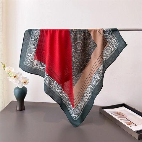 Vintage Paisley Print Square Scarf Satin Like Polyester Herringbone Texture Retro Bohemian Bandana For Women Elegant Shawl
