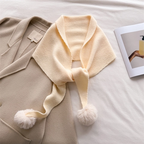 Bufanda de Punto Otoño Invierno Mujer Cálida Color Sólido Con Pompones Chal de Punto Suave Para Uso Diario