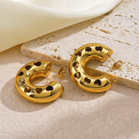 Hart Holle C-Vorm Creolen Koper 18K Verguld Dik Metaal Mode Gepolijste Sieraden Voor Dames