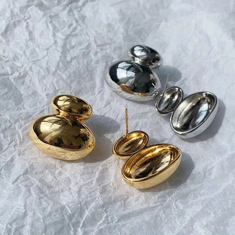 Double Layered Bean Stud Earrings 18K Gold Plated Copper With 925 Sterling Silver Earring Post Minimalist Fashion Women