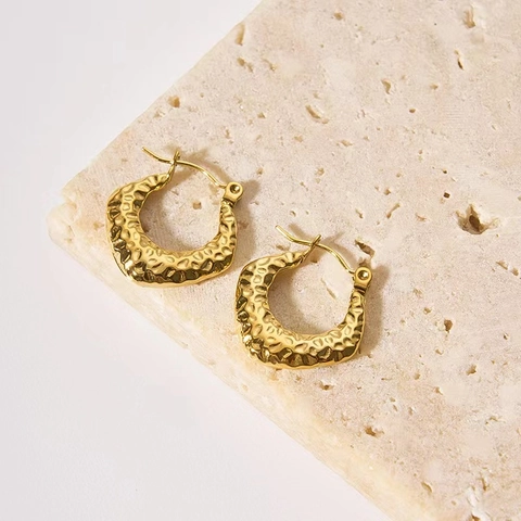 Hammered Texture Hoop Earrings Vintage Hollow Geometric Copper Jewelry For Women Fashion Minimalist Plated Gold Silver