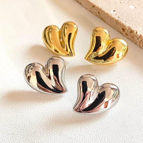 Heart Stud Earrings 18K Gold Plated Copper Mirror Polish Chunky Bold 3D Design Fashion Statement For Women