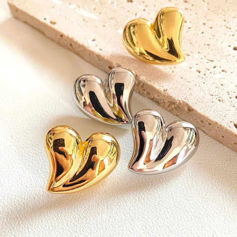 Heart Stud Earrings 18K Gold Plated Copper Mirror Polish Chunky Bold 3D Design Fashion Statement For Women
