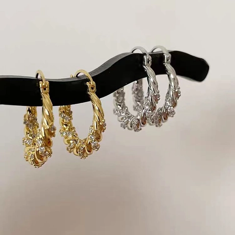 Gedraaide Touw Hoop Oorbellen Koper Micro Geplaveide Zirconia Franse Retro Elegante Sieraden Voor Dames