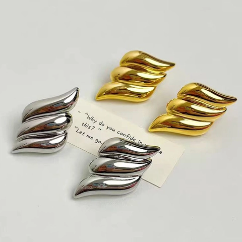 Geometric Triple Layer Wing Stud Earrings Gold Silver Plated Copper Wave Design High Polish Jewelry For Women