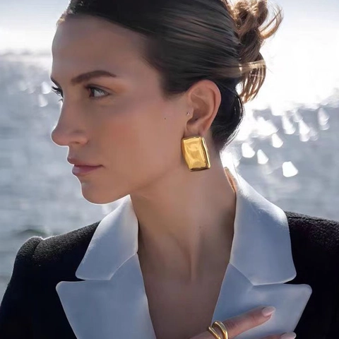 Orecchini Rettangolari In Rame Trama Fusa Irregolare Geometrico Audace Minimalista Placcato Oro Moda Donna