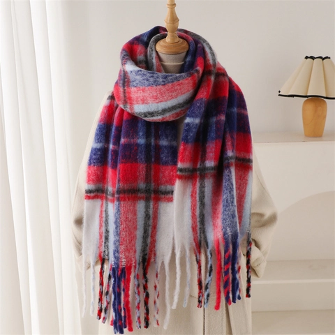 Regenbogen Karomuster Mohair-Ähnlicher Schal Für Damen Winter Warmes Großes Schultertuch Mit Langen Quasten Weiches Kaschmir-Imitat