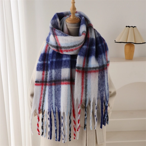 Regenbogen Karomuster Mohair-Ähnlicher Schal Für Damen Winter Warmes Großes Schultertuch Mit Langen Quasten Weiches Kaschmir-Imitat