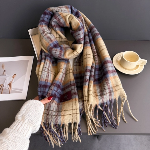 Sciarpa Scialle Grande Da Donna A Quadri Poliestere Effetto Cashmere Lunga Calda Spessa Inverno Con Frange