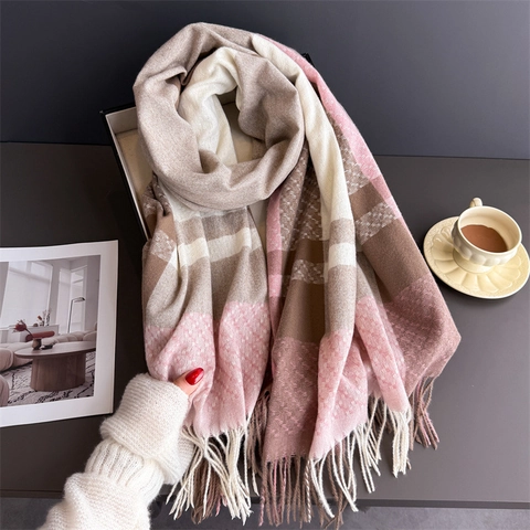 Écharpe À Carreaux Pour Femmes Épaisse Chaude Imitation Cachemire Châle Enveloppant À Franges Élégant Accessoires D'Hiver