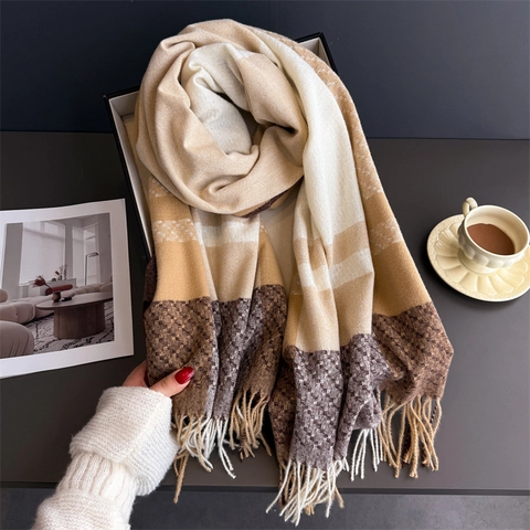 Écharpe À Carreaux Pour Femmes Épaisse Chaude Imitation Cachemire Châle Enveloppant À Franges Élégant Accessoires D'Hiver