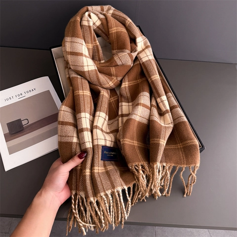 Sciarpa Invernale Donna Motivo A Quadri Calda Imitazione Cashmere Con Frange Scialle Morbido Versatile Accessori Moda