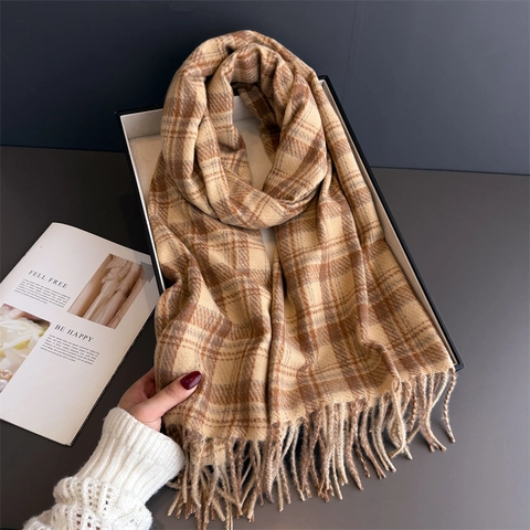 Checkered Plaid Tassel Scarf Women Faux Cashmere Polyester Winter Warm Elegant Commute Shawl Wrap Versatile Accessory