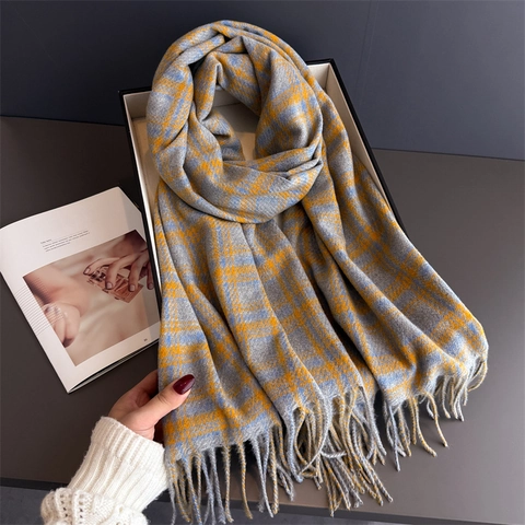 Checkered Plaid Tassel Scarf Women Faux Cashmere Polyester Winter Warm Elegant Commute Shawl Wrap Versatile Accessory