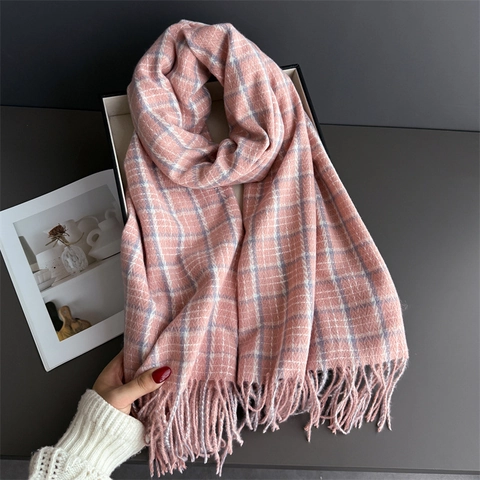 Retro Karierter Winterschal Großer Schal Wickel Kaschmir-Imitat Warm Kariert Weich Mit Quasten