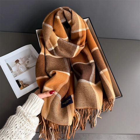 Plaid Scarf Shawl Imitation Cashmere Tassel Fringe Soft Warm Winter Wrap Retro Elegant Commuter For Women