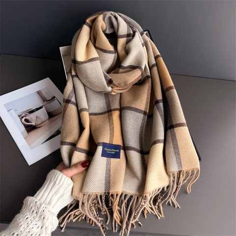 Plaid Scarf Shawl Imitation Cashmere Tassel Fringe Soft Warm Winter Wrap Retro Elegant Commuter For Women