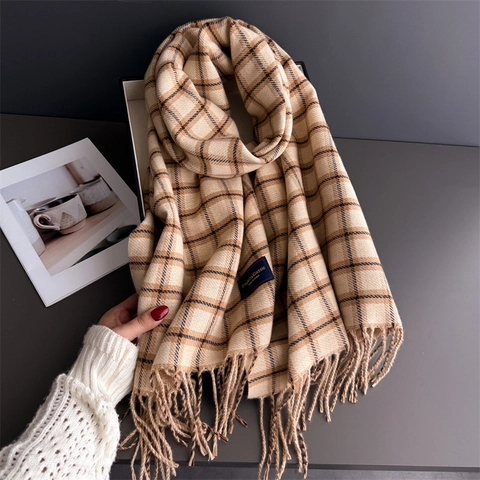 Plaid Tassel Scarf Cashmere Like Soft Warm Winter Shawl Elegant Classic Retro Checkered Wrap Women