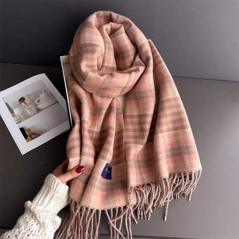 Plaid Scarf Shawl For Women Winter Warm Imitation Cashmere Soft Thick Tassel British Style Vintage Wrap