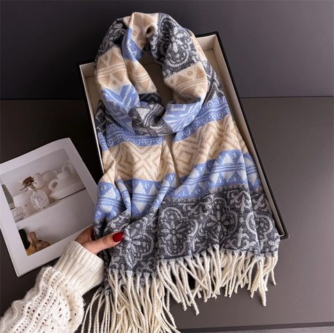 Sciarpa Calda Spessa Stile Etnico Boho Per Donna Inverno Motivo Geometrico Bordo Con Frange Scialle In Poliestere