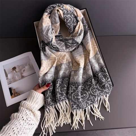 Sciarpa Calda Spessa Stile Etnico Boho Per Donna Inverno Motivo Geometrico Bordo Con Frange Scialle In Poliestere