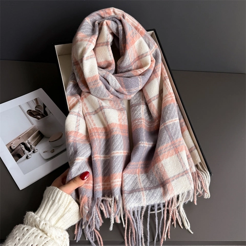 Women's Fashion Plaid Tassel Scarf Soft Imitation Cashmere Large Shawl Wrap Thickened Warm Scarf For Autumn Winter Ladies