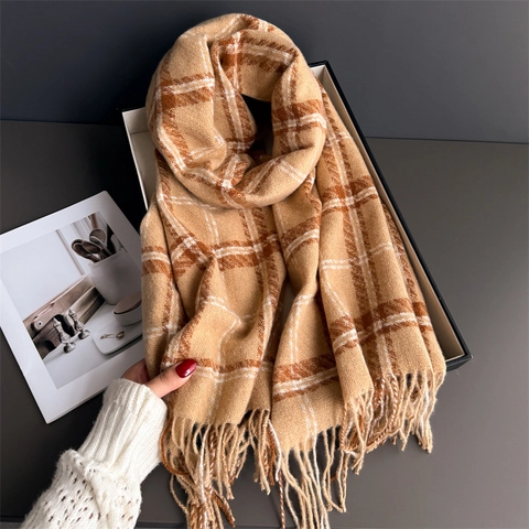 Women's Fashion Plaid Tassel Scarf Soft Imitation Cashmere Large Shawl Wrap Thickened Warm Scarf For Autumn Winter Ladies