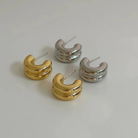 Orecchini A Cerchio Spessi A Forma Di C A Doppio Strato Nervati Rame Con Perno In Argento Gioielli Geometrici Minimalisti Donne