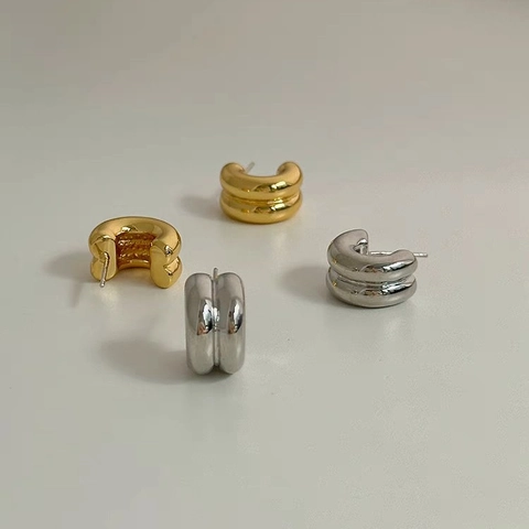 Orecchini A Cerchio Spessi A Forma Di C A Doppio Strato Nervati Rame Con Perno In Argento Gioielli Geometrici Minimalisti Donne