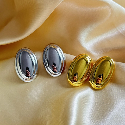 Minimalist Oval Stud Earrings Polished 18K Gold Plated Copper Geometric Trendy Metal Ear Jewelry For Women