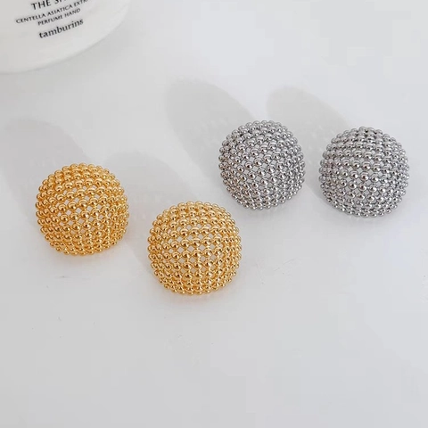 Geometric Round Dome Earrings Copper With Silver Earring Post Beaded Caviar Texture Minimalist Hollow Chic Jewelry For Women