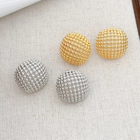 Geometric Round Dome Earrings Copper With Silver Earring Post Beaded Caviar Texture Minimalist Hollow Chic Jewelry For Women