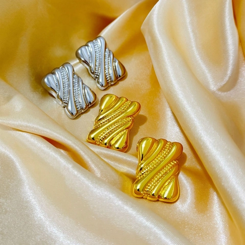 Geometric Square Copper Earrings Rectangular Wavy Stripe Metal Style Vintage Fashion Jewelry For Women