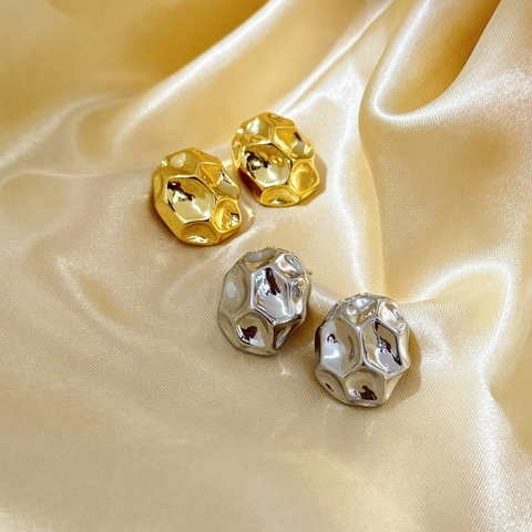 Orecchini Geometrici Irregolari Martellati Rame Placcato Oro 18K Minimalisti Astratti Ovali Bottone Gioielli Donna