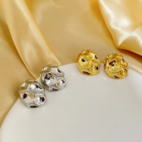 Orecchini Geometrici Irregolari Martellati Rame Placcato Oro 18K Minimalisti Astratti Ovali Bottone Gioielli Donna