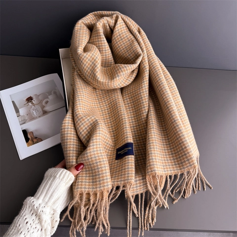Houndstooth Scarf Soft Imitation Cashmere Polyester Warm Winter Wrap With Tassels Elegant Vintage Fashion For Women And Men