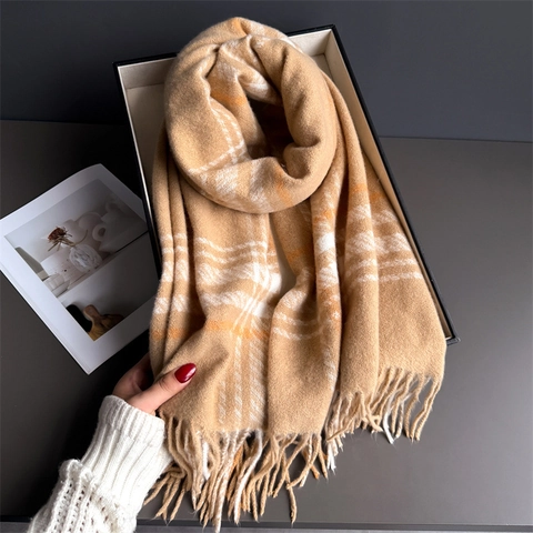 Bufanda De Invierno Para Mujer A Cuadros Imitación Cachemira Hilo Boucle Chal Largo Cálido Con Flecos Accesorio Elegante