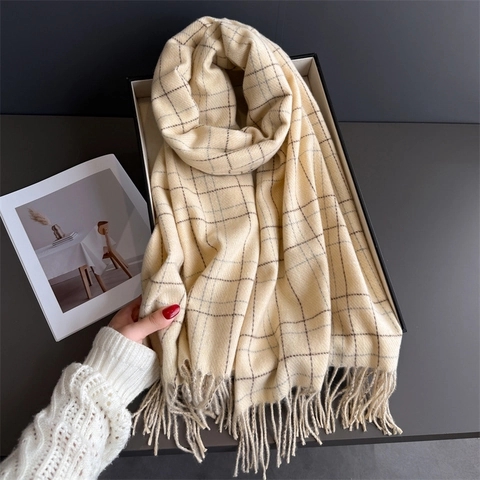 Sciarpa Invernale A Quadri Imitazione Cashmere Scialle Caldo Con Frange Accessorio Elegante Donna