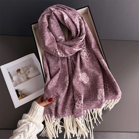 Écharpe Châle Jacquard Camélia Imitation Cachemire Élégant Hiver Chaud Franges Style Français Doux Pour Femmes