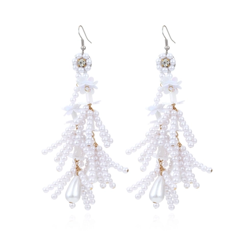 Handmade Flower Tassel Earrings Imitation Artificial Pearl Rhinestone Boho Exaggerated Long Dangle Bridal Jewelry For Women