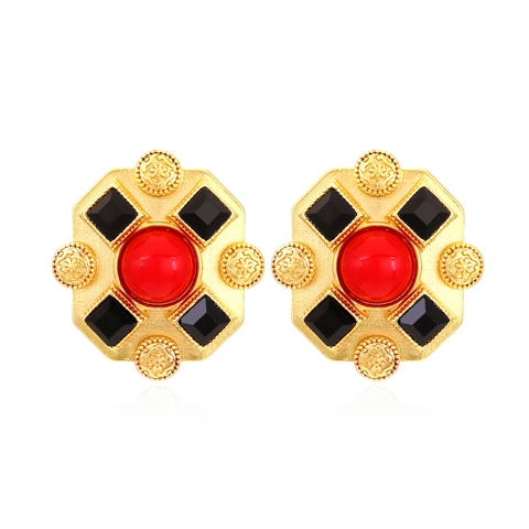 Vintage Court Style Square Stud Earrings With Red Resin Gemstone And Black Rhinestones Alloy Retro Baroque Jewelry For Women